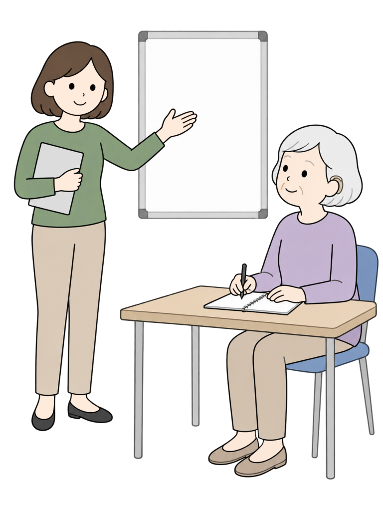Senior with a hearing aid attending a class