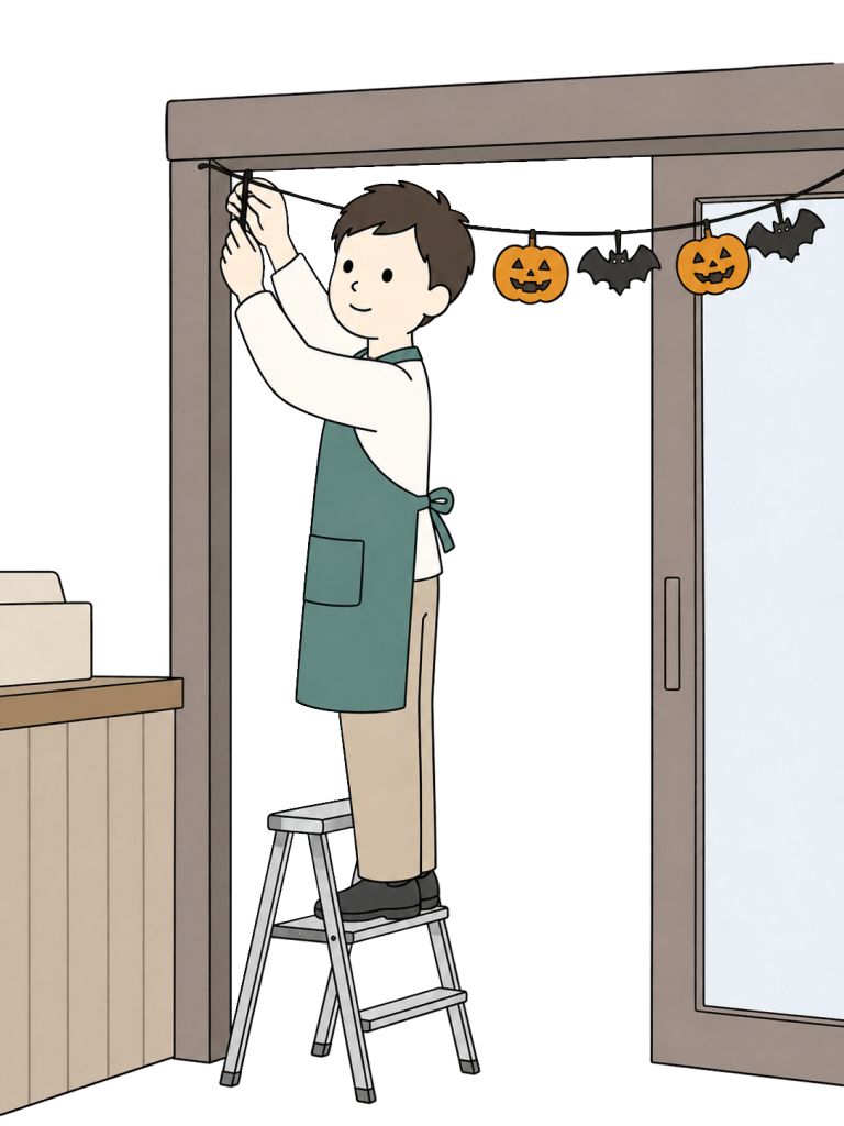 Shop clerk decorating for halloween