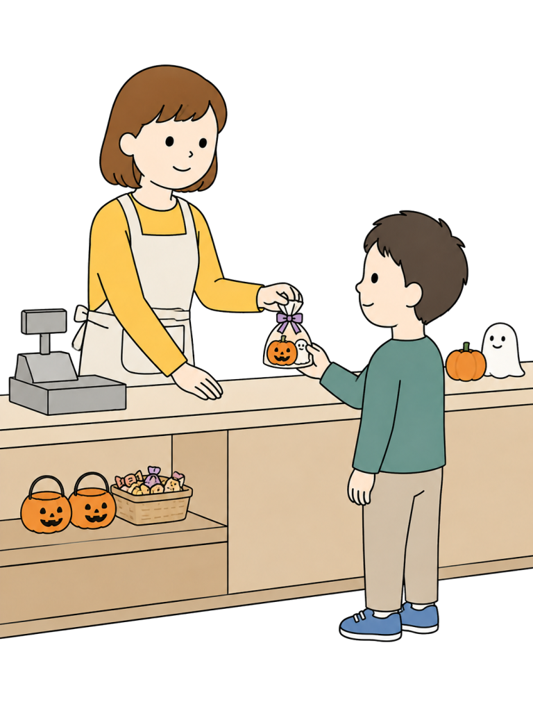 Shop clerk handing out halloween treats