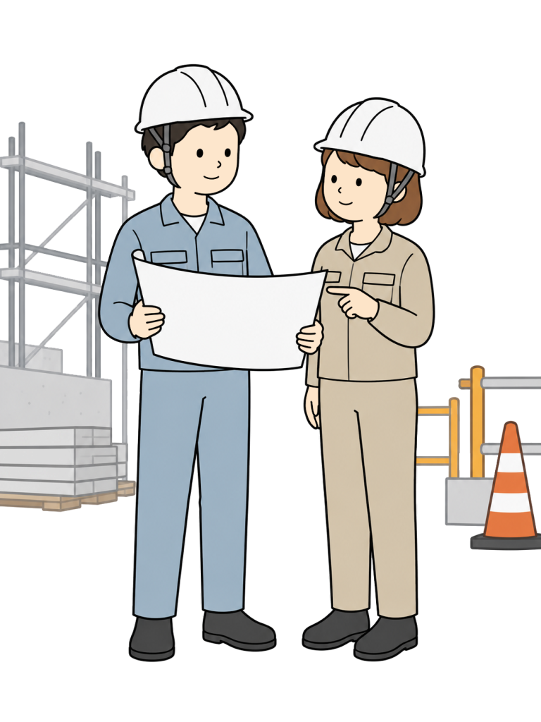Site supervisor and worker reviewing construction plans