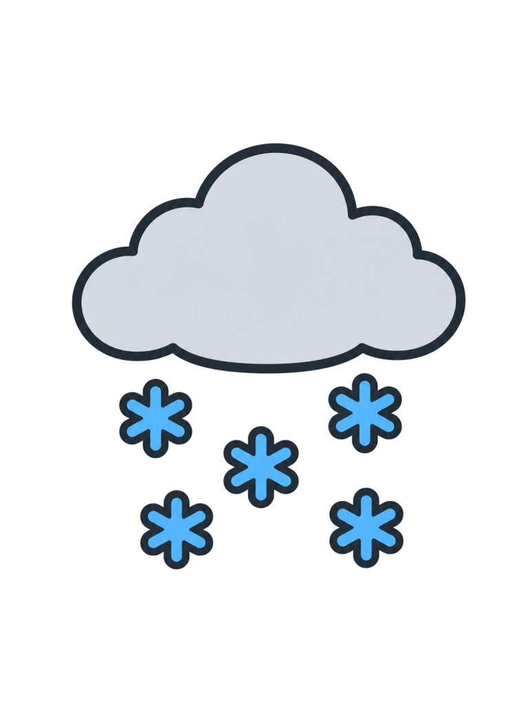 薄い灰色の雲から青い六方向の雪片が降っている。