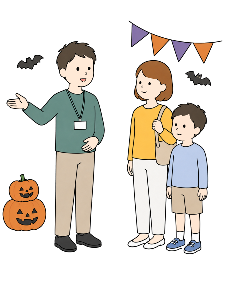 Staff guiding visitors at a halloween event