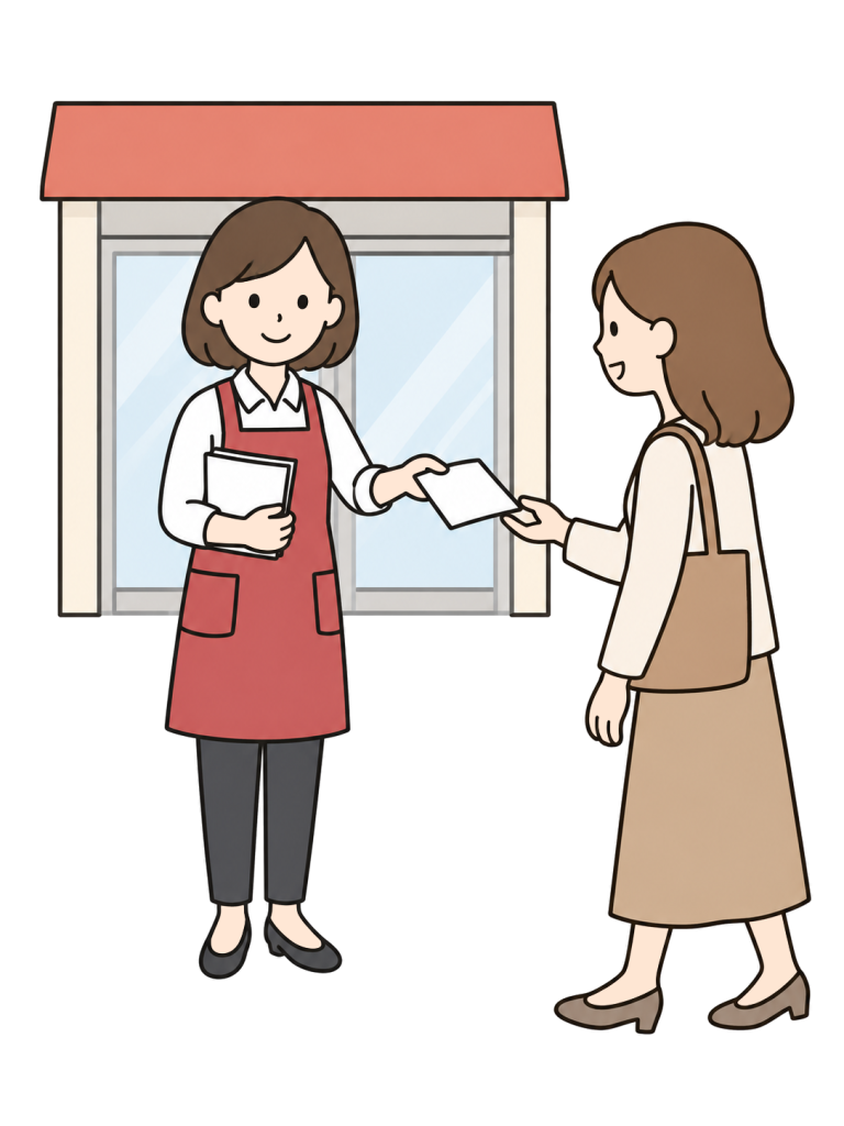 Staff member handing out flyers in front of a store