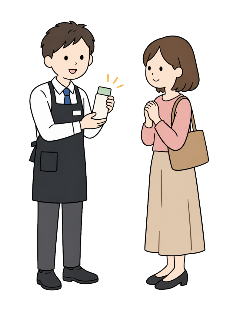 Staff member pointing to and explaining a product