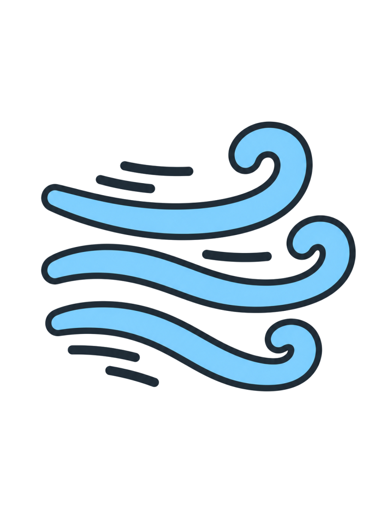 Three broad pale blue curling wind ribbons with short motion strokes.