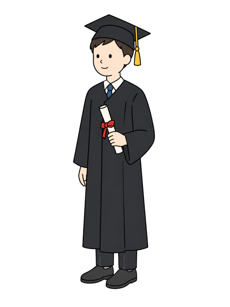 Student wearing a cap and gown at graduation