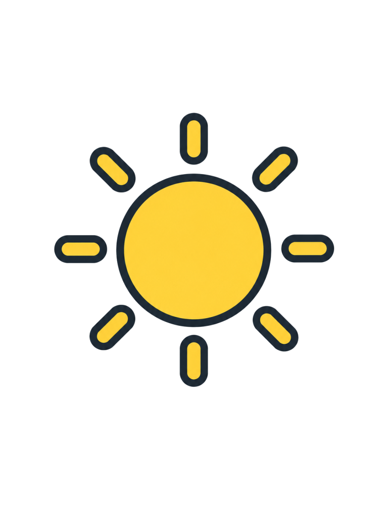 黄色い太陽に短く丸みのある光線が付いた、顔のない天気素材。