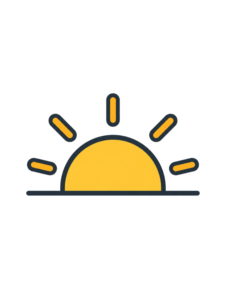 短い水平線の上に橙黄色の半円の太陽と上向きの光線がある。