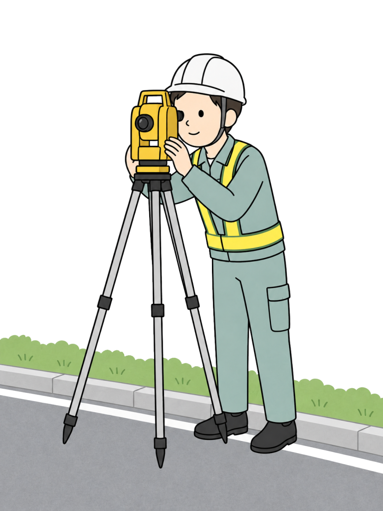 Surveyor measuring a road with surveying equipment