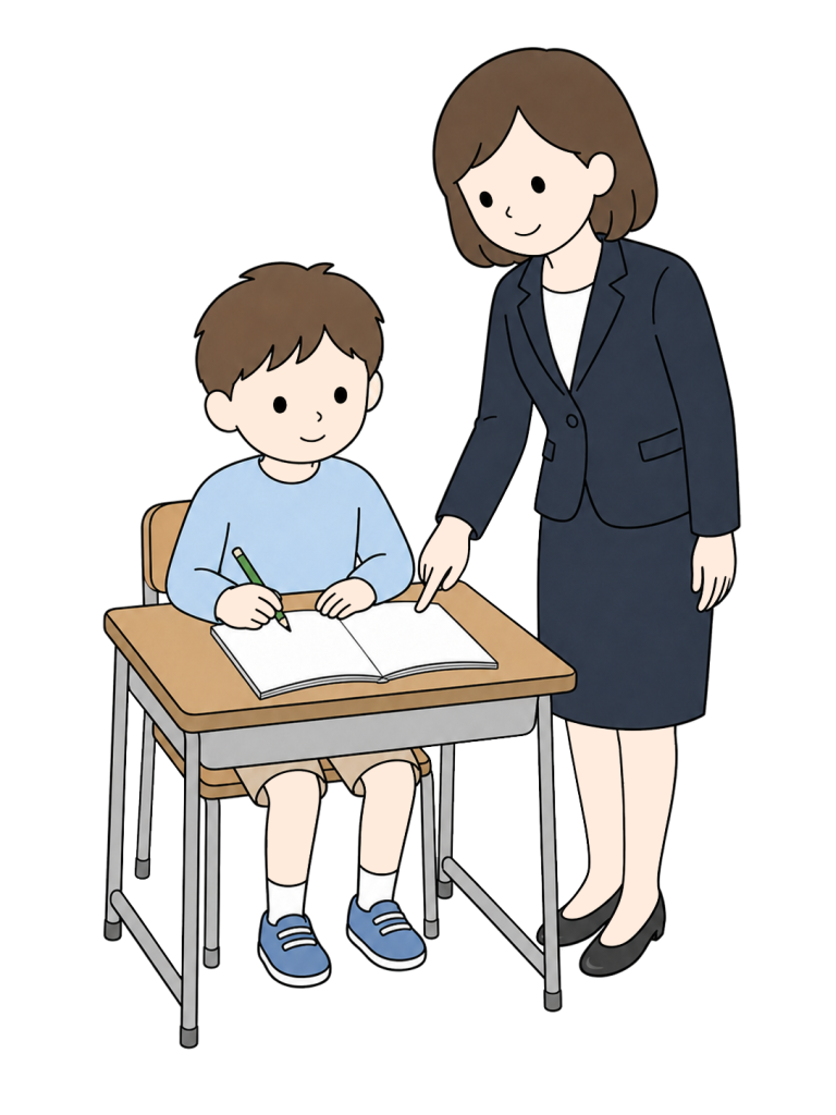 Teacher helping elementary school student study