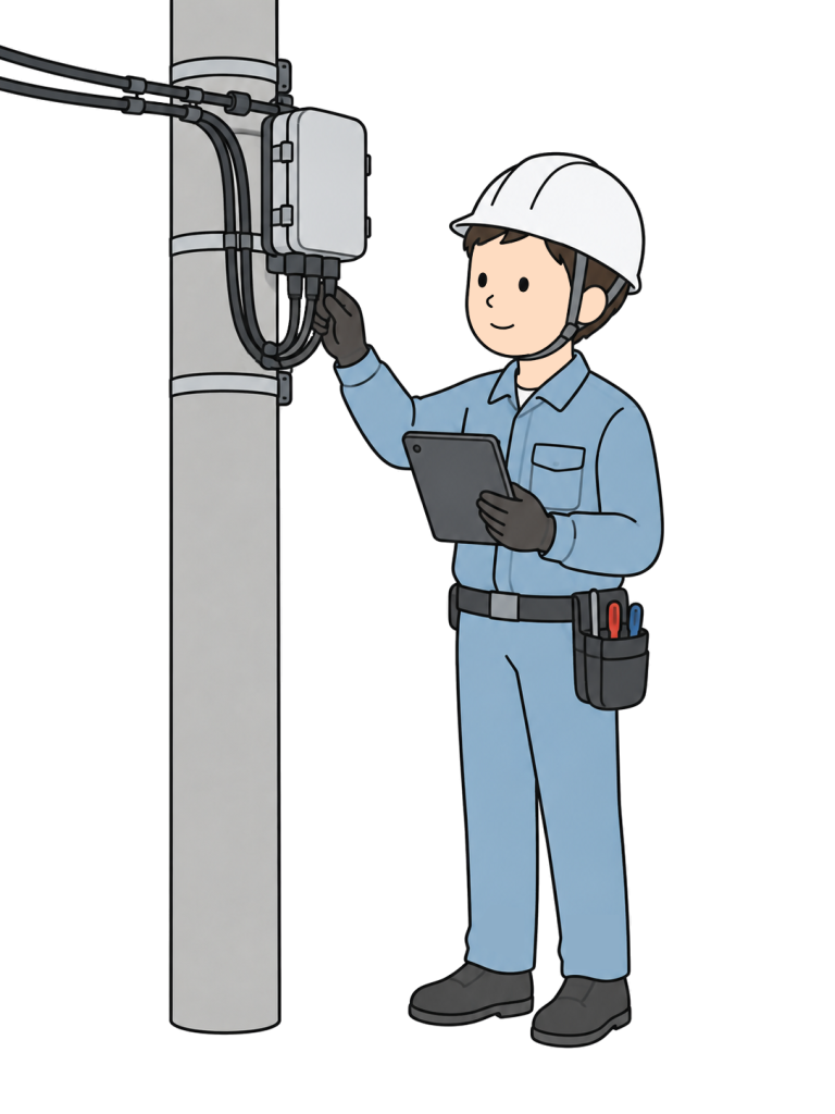 Telecommunications worker inspecting communication cables