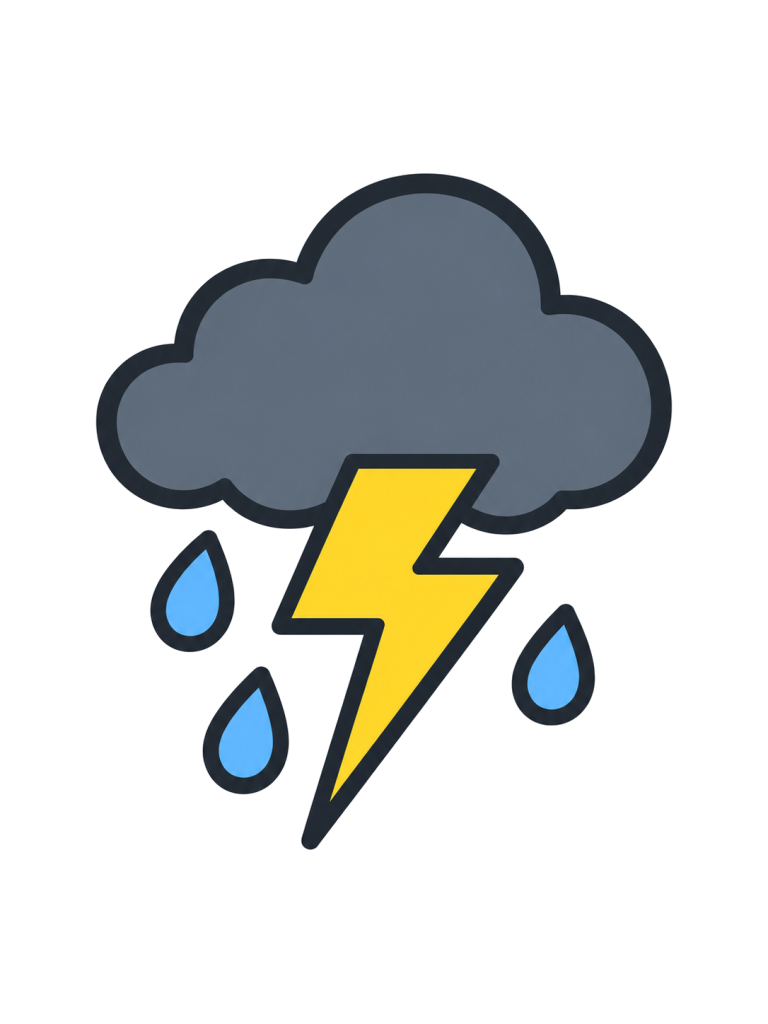 濃い灰色の雲の下に黄色い稲妻と青い雨滴がある。