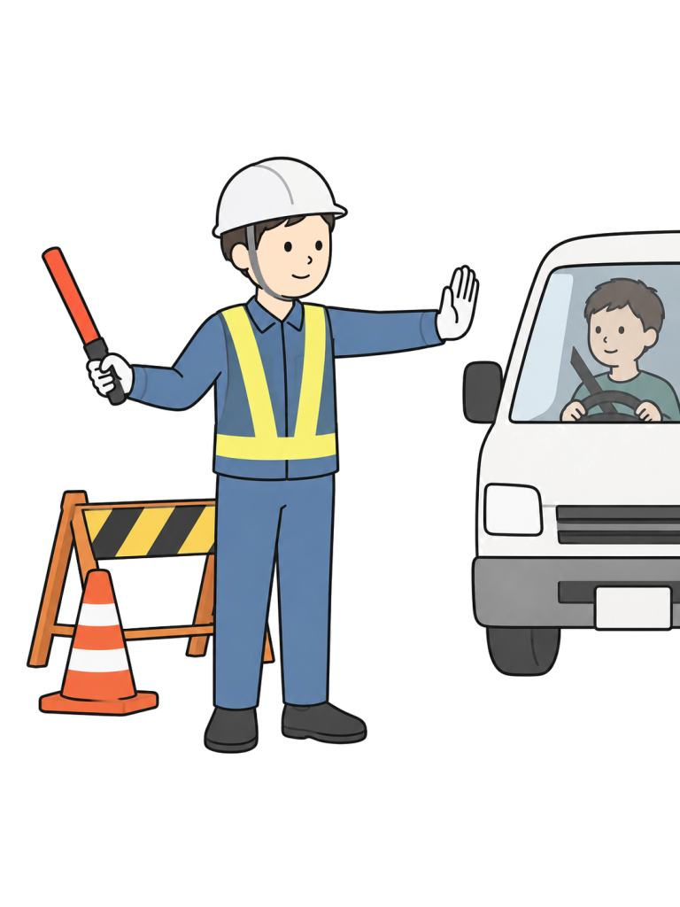 Traffic controller guiding vehicles at a construction site
