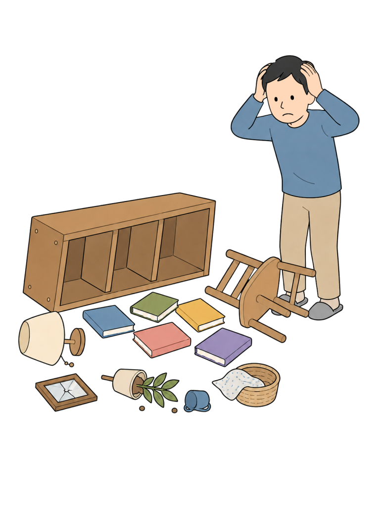 Troubled man room fallen furniture after earthquake