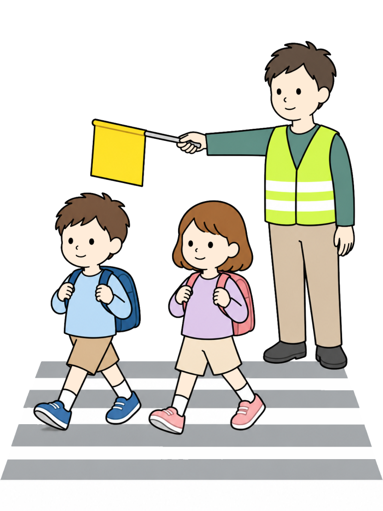 Volunteer helping children cross at a crosswalk