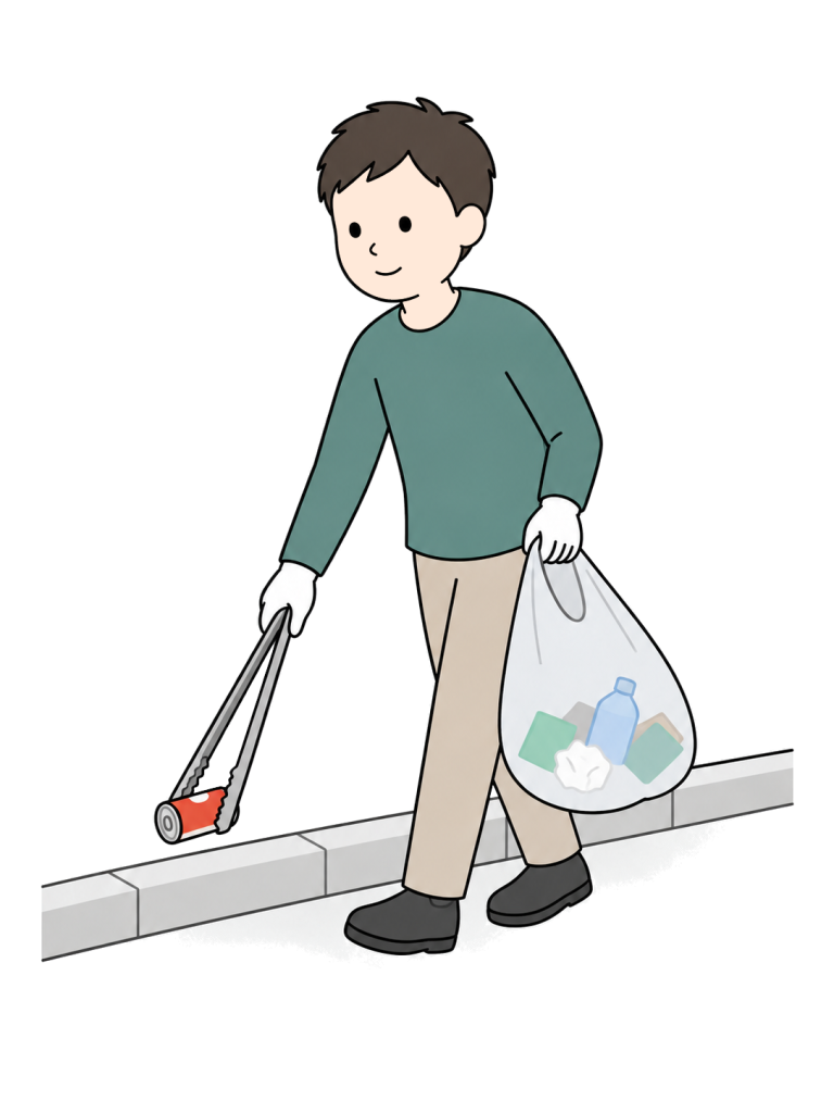 道路のごみ拾いをする人YURUNDOイラスト