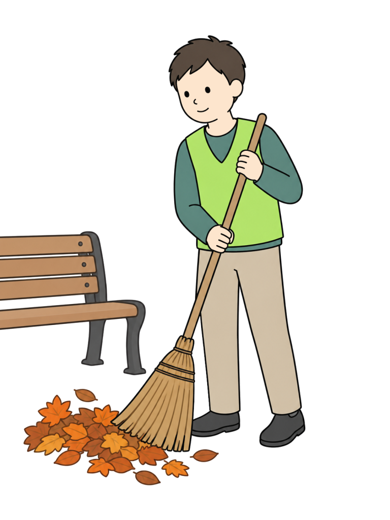 Volunteer sweeping fallen leaves