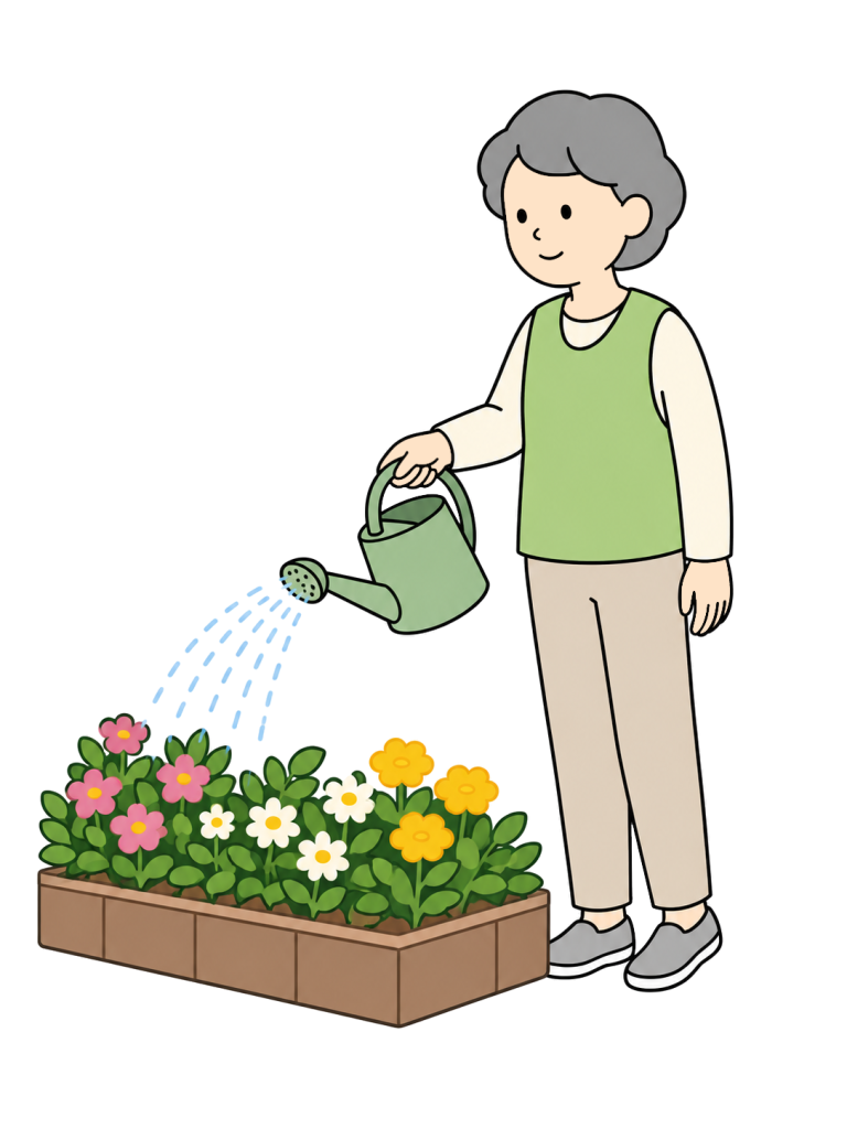 Volunteer watering a community flower bed