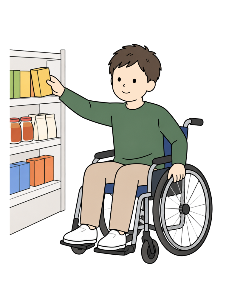 Wheelchair user choosing groceries