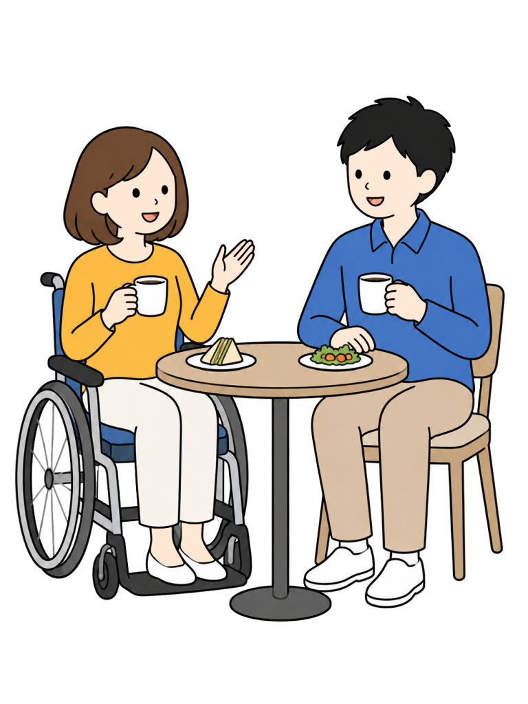 Wheelchair user dining with a friend
