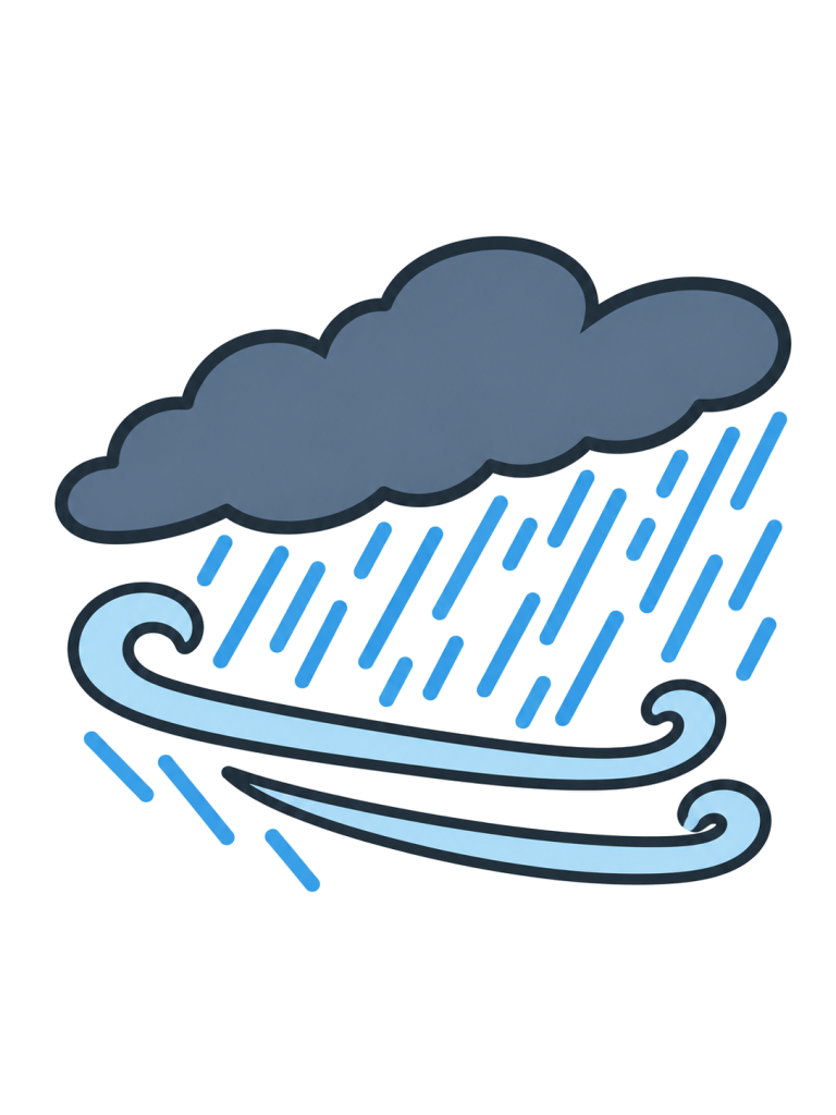 風に流れる濃い雲の下に、斜めの激しい雨と湾曲した風の線がある。