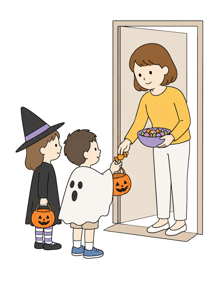 Woman giving candy to costumed children