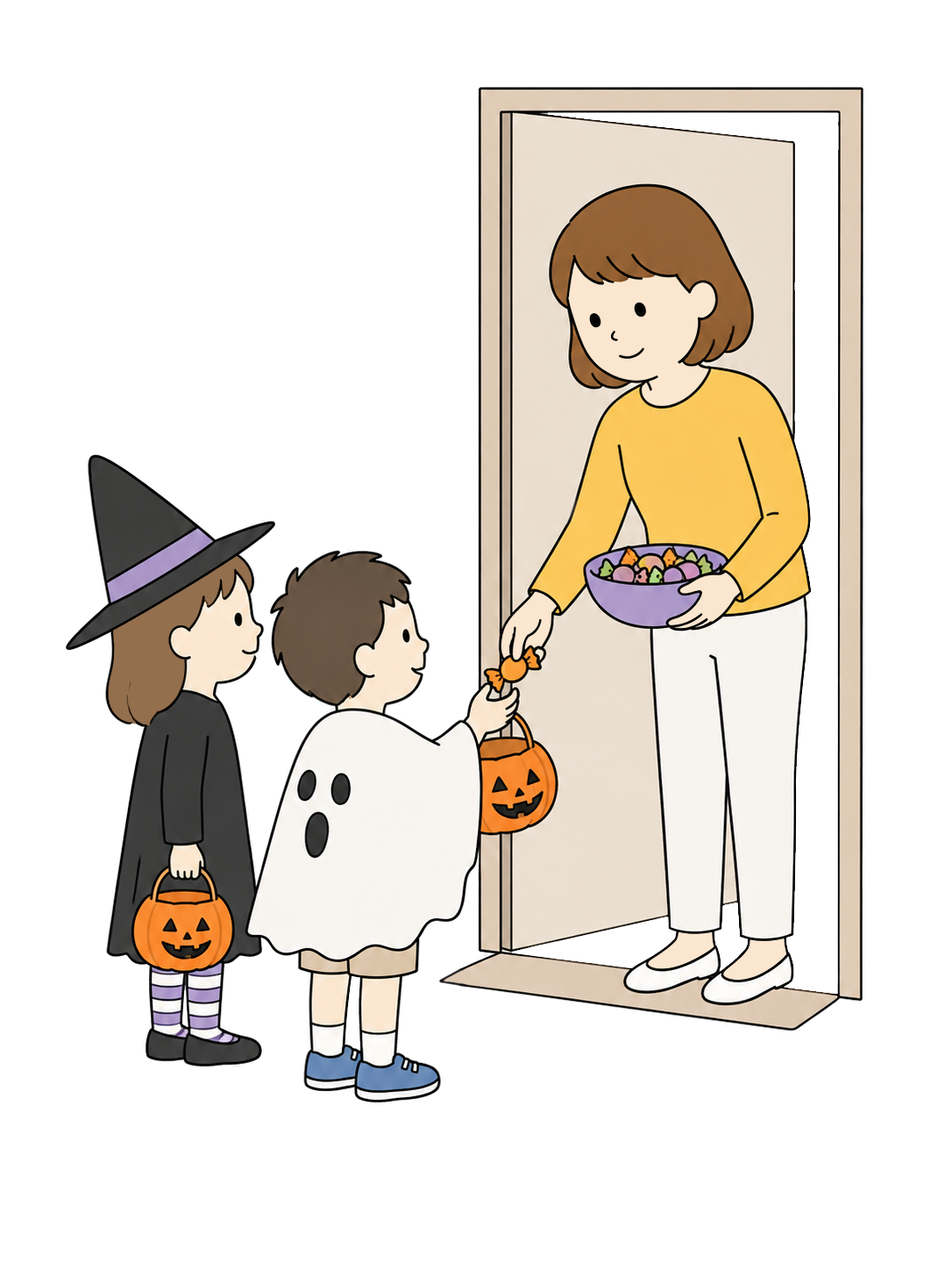 YURUNDO illustration: Woman Giving Candy to Costumed Children