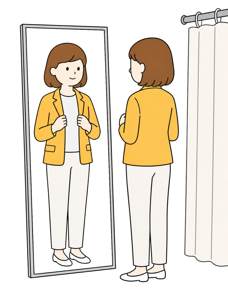 Woman looking in fitting room mirror