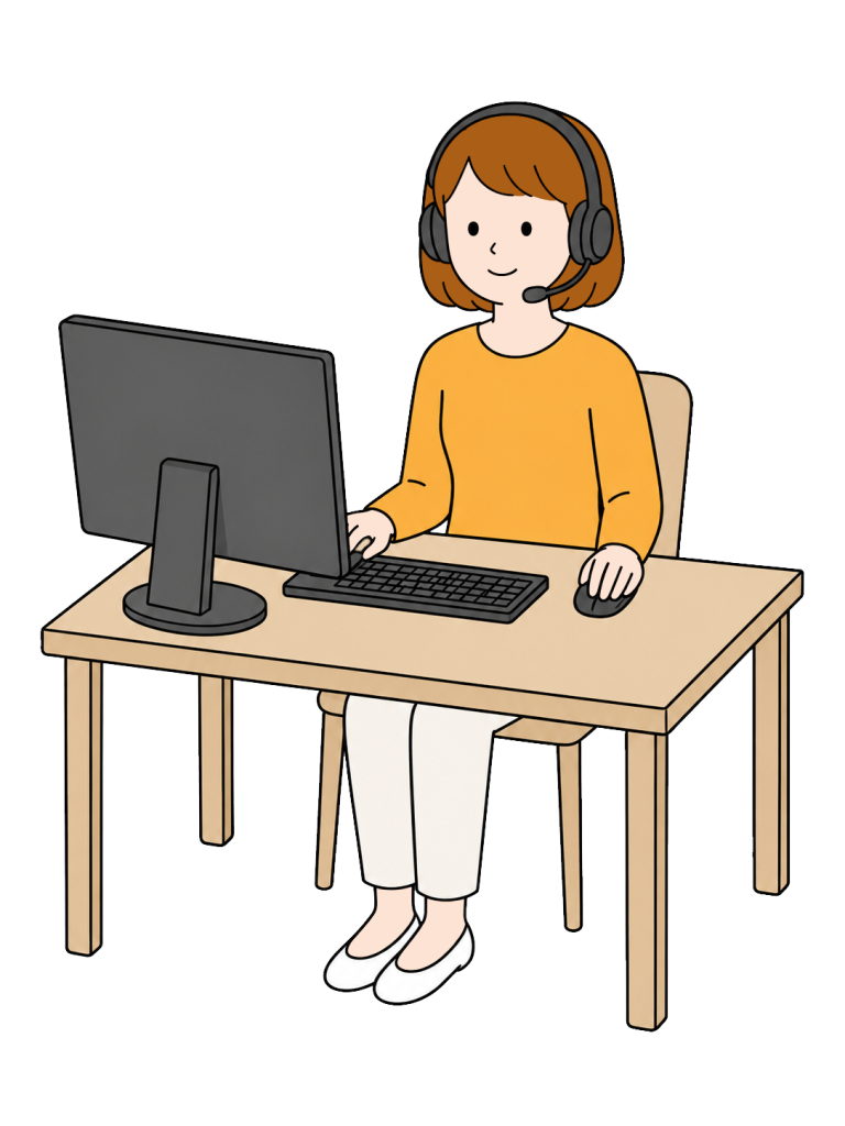 Woman working at a computer with a headset