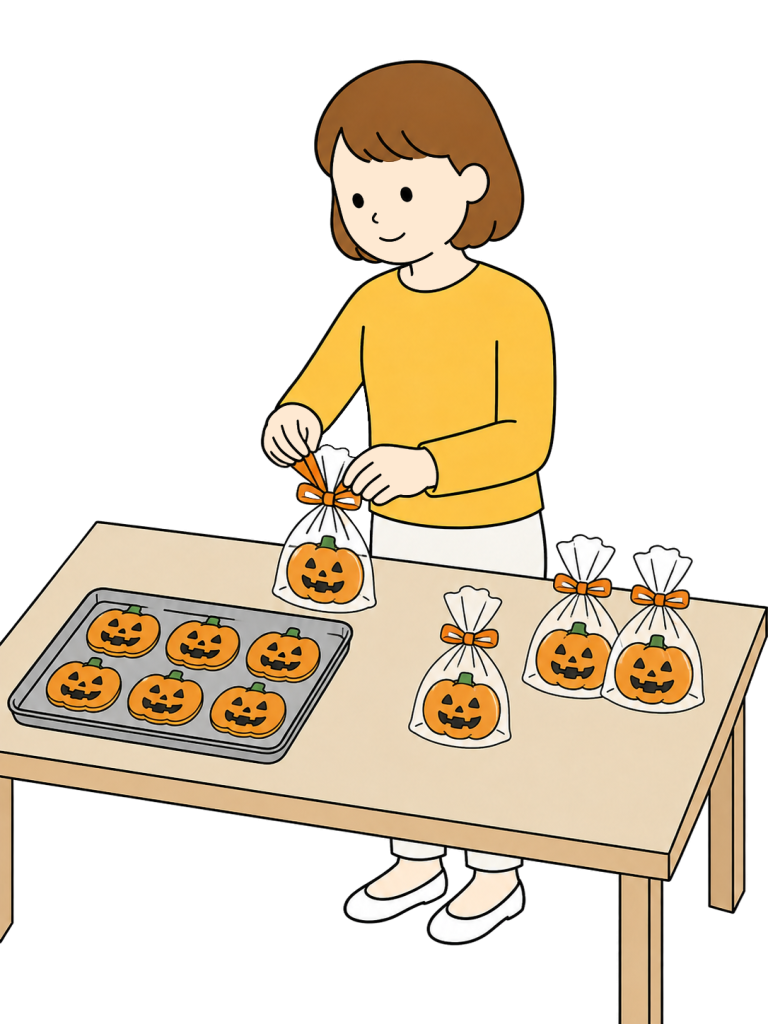 Woman wrapping halloween treats