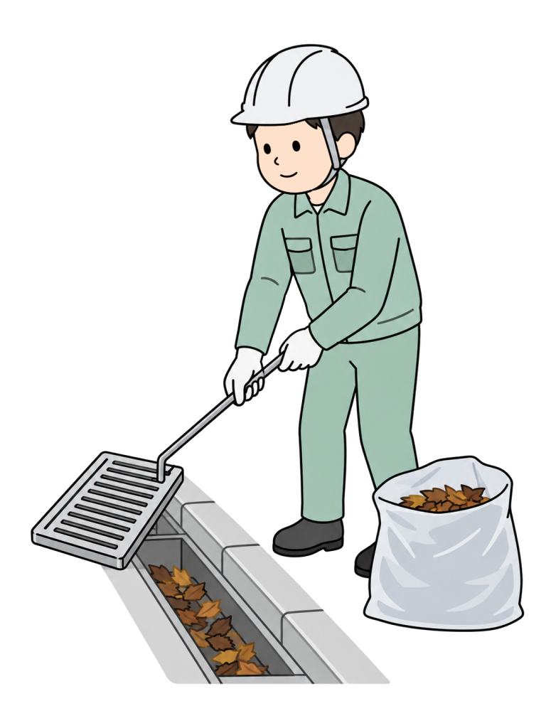 Worker cleaning and inspecting a roadside drain