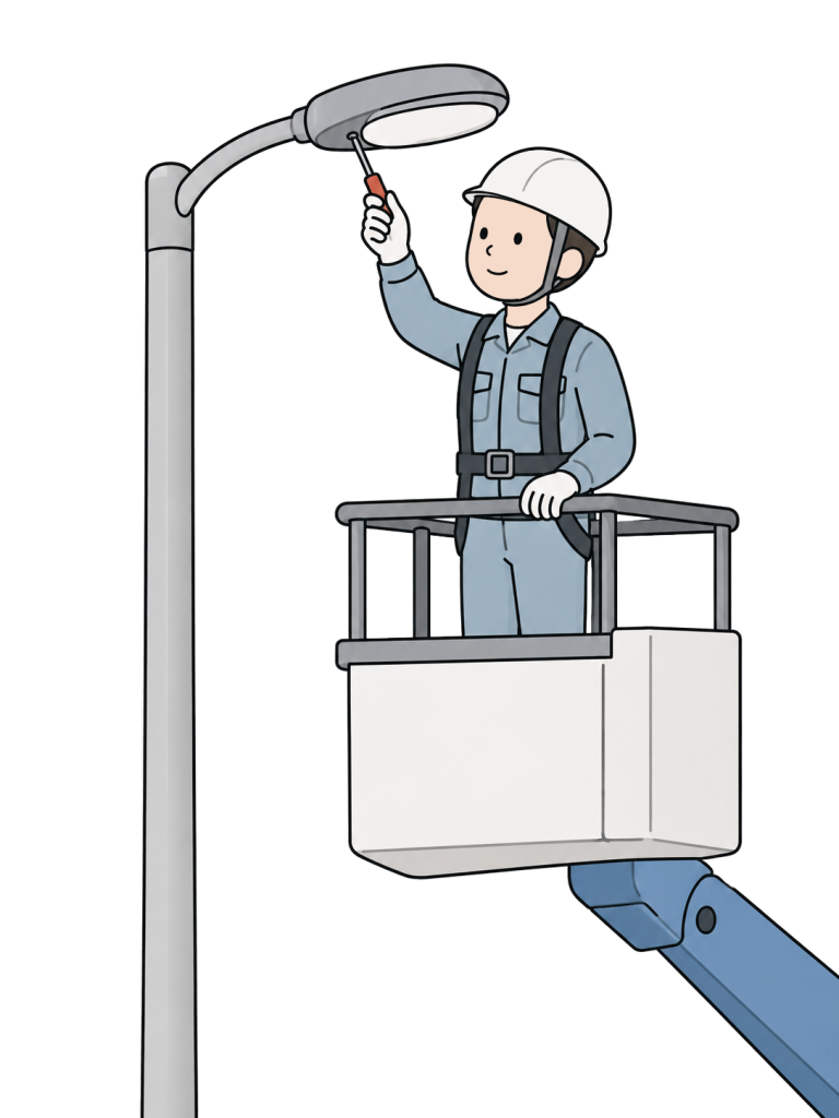 Worker inspecting or replacing a streetlight