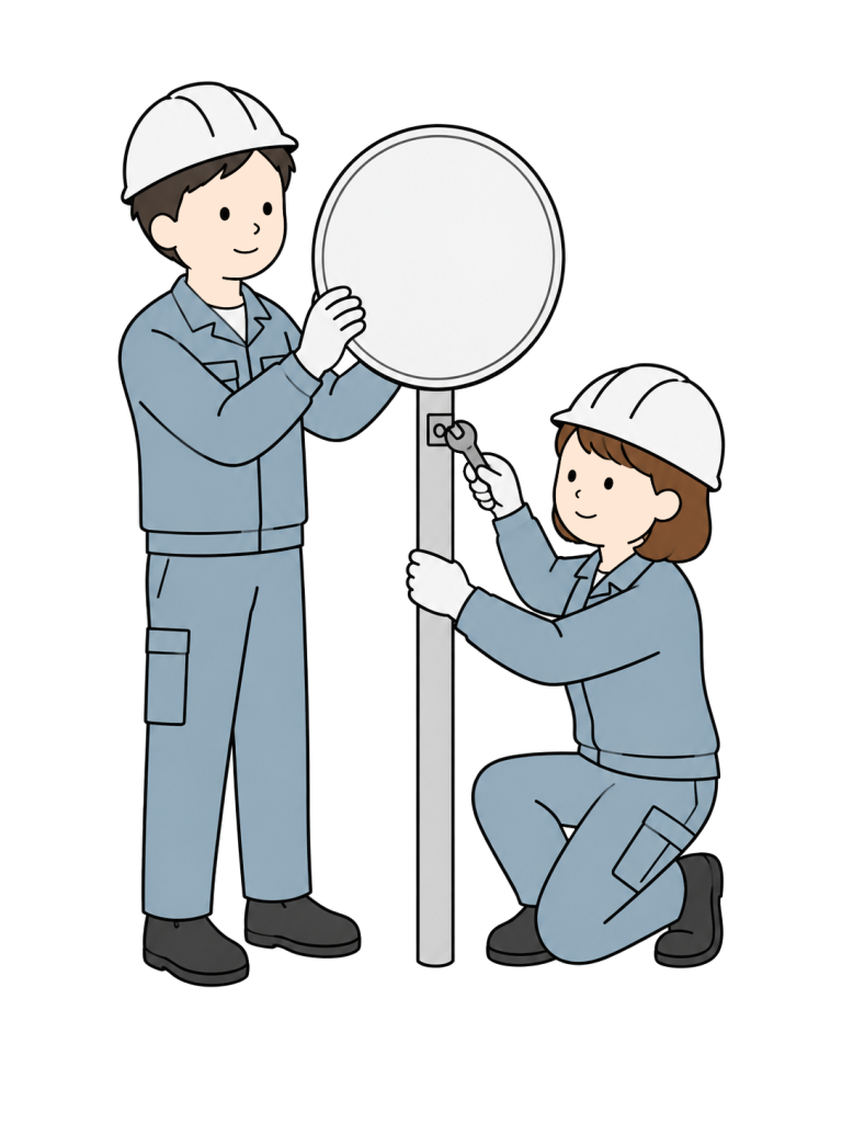 Worker installing a road sign