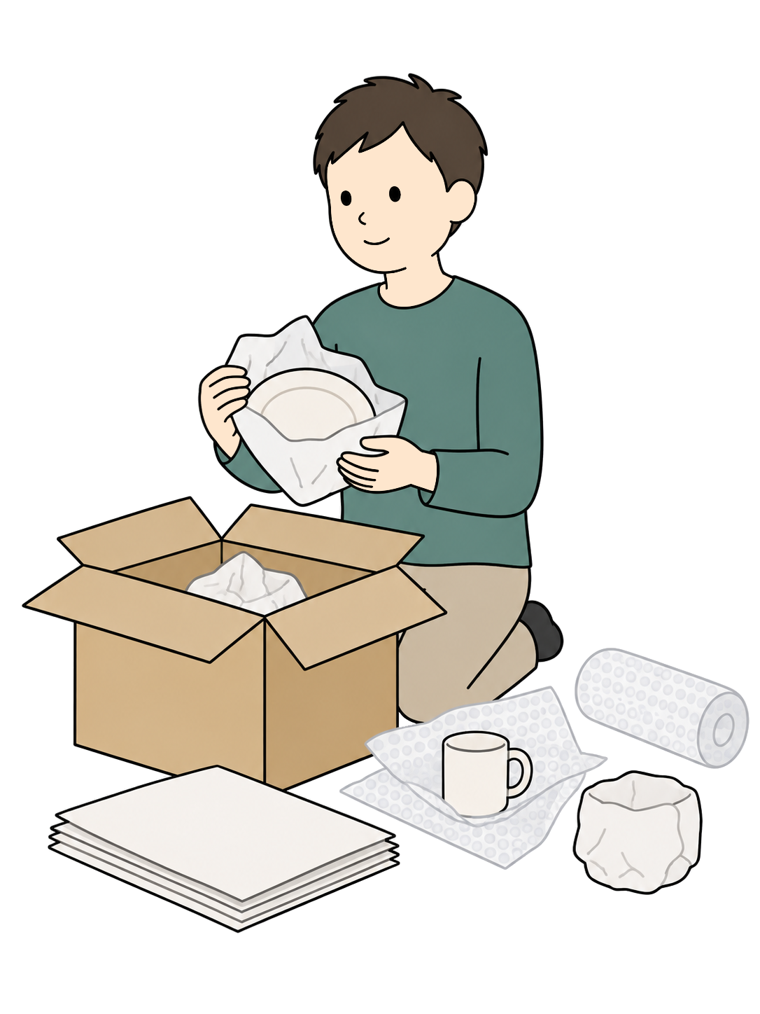 YURUNDO illustration: Wrapping Fragile Dishes for Moving