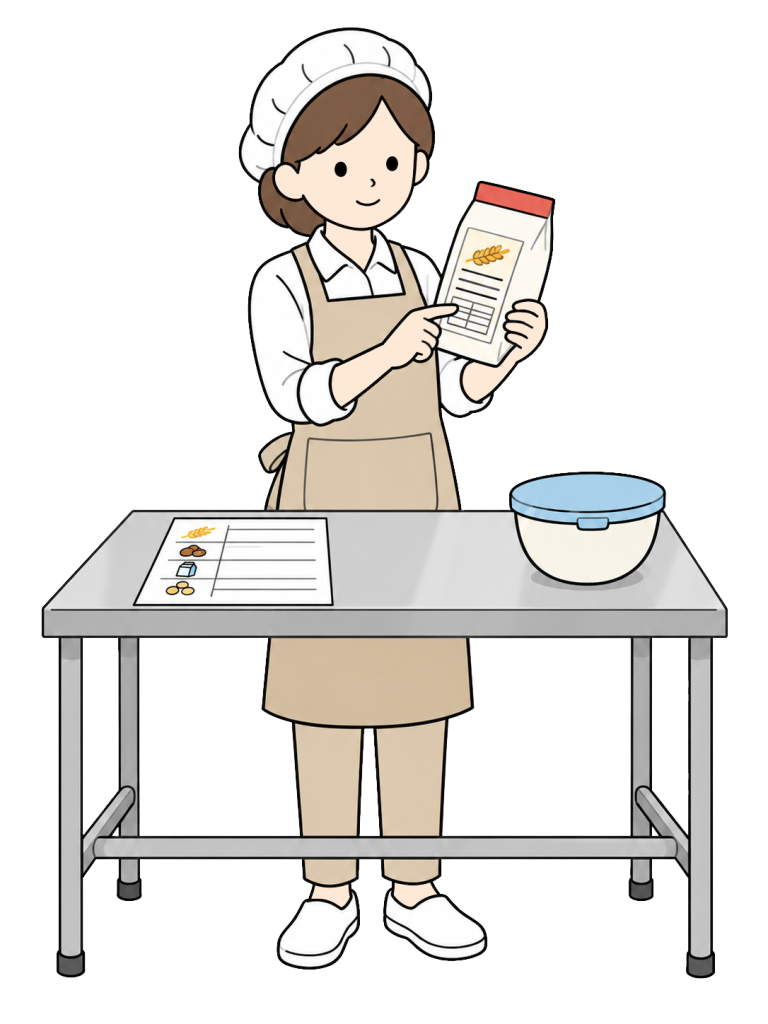 A female baker points to the information panel on an ingredient bag, with a pictogram ingredient sheet and a covered mixing bowl on the work table.