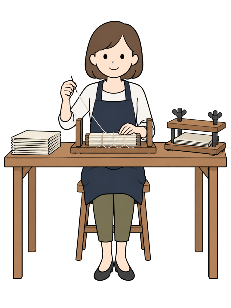 A bookbinder sews folded sheets together with thread at a workbench.