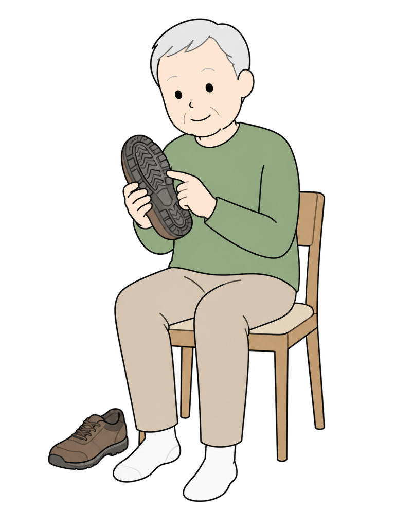 高齢男性が椅子に座り、手に持った靴の底の溝を指して確認している。足元にはもう片方の靴がある。
