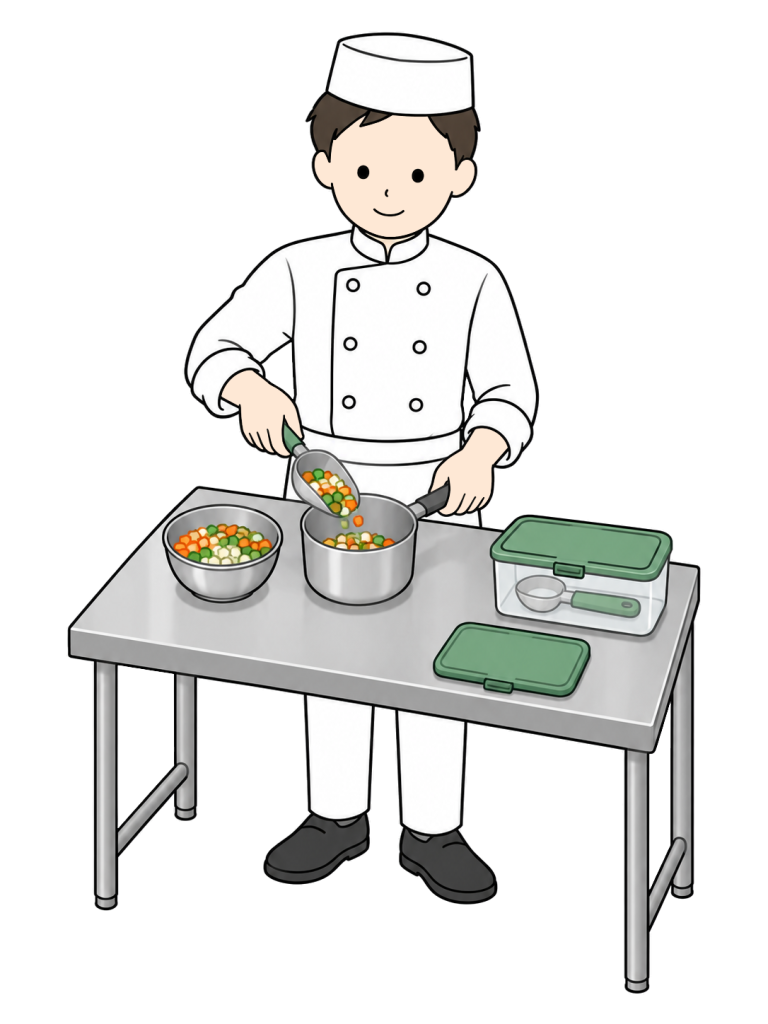 A male chef uses a scoop to transfer vegetables from a bowl into a small saucepan at a separate work station, with a utensil storage container beside him.