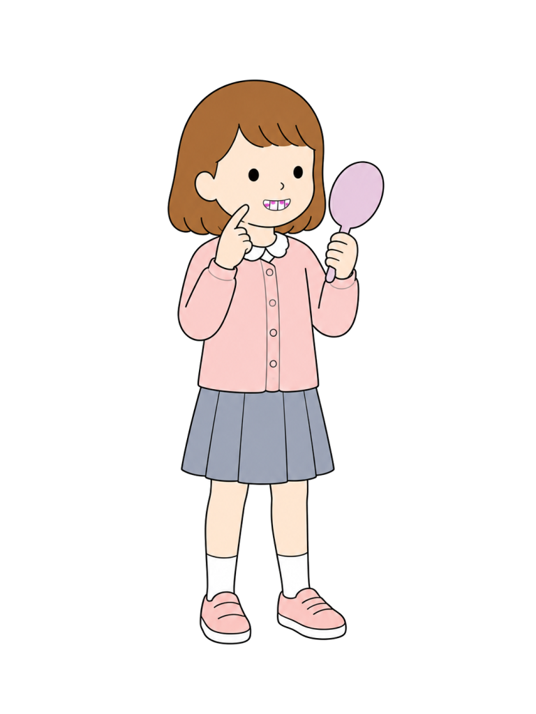A girl holds a hand mirror and raises her other hand near her mouth, showing front teeth with purple-stained areas.