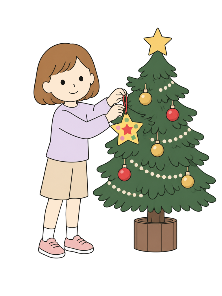 女の子が、手作りの紙の星形オーナメントをクリスマスツリーの枝に掛けている。