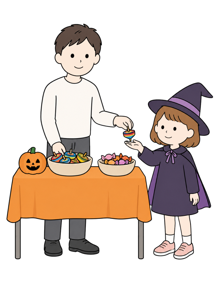Child receiving a toy instead of candy at halloween
