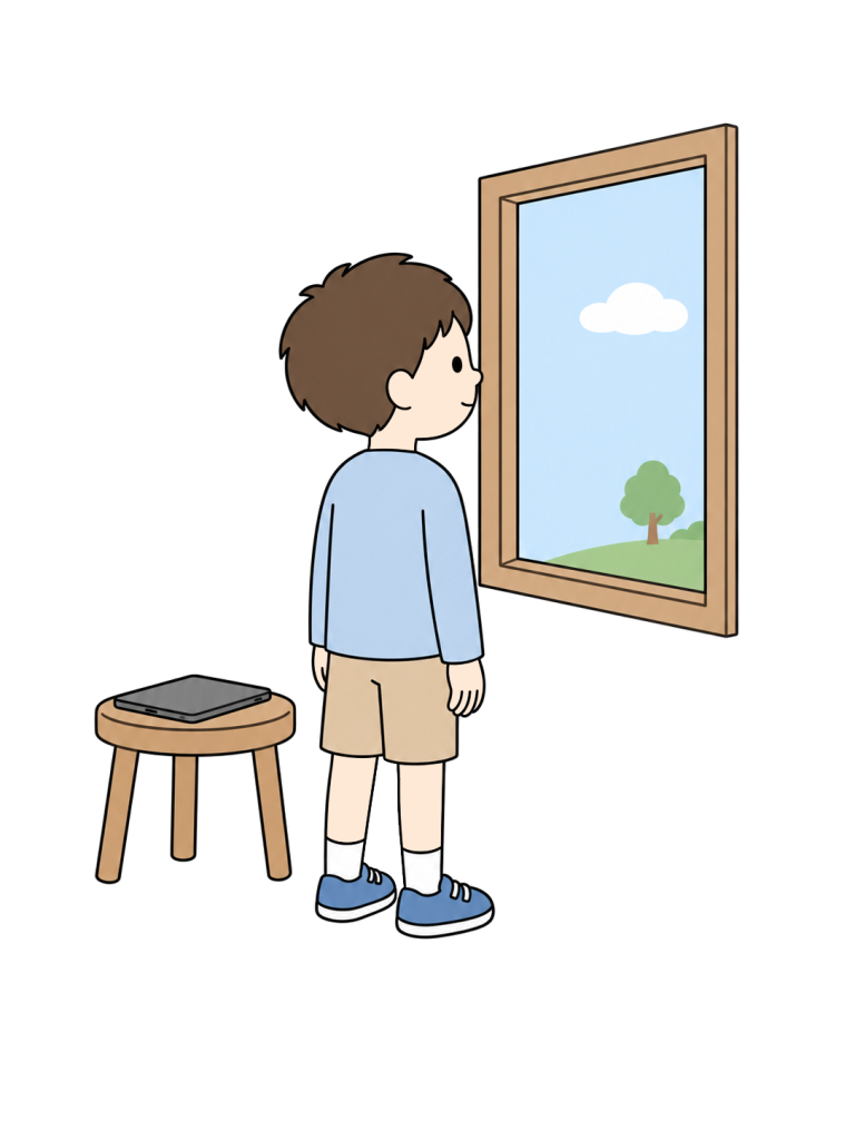 Child resting their eyes by looking outside
