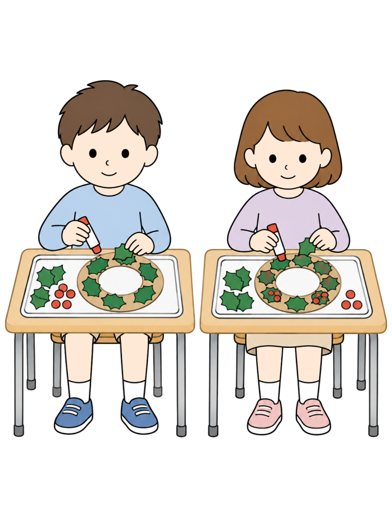 男の子と女の子が、それぞれのトレーに置いた輪形の土台へ紙の葉を付け、リースを作っている。