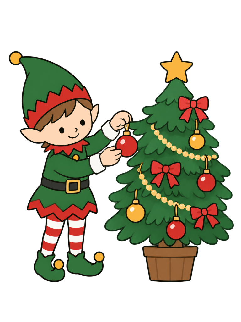 エルフがクリスマスツリーの枝に、赤いボール形のオーナメントを掛けている。