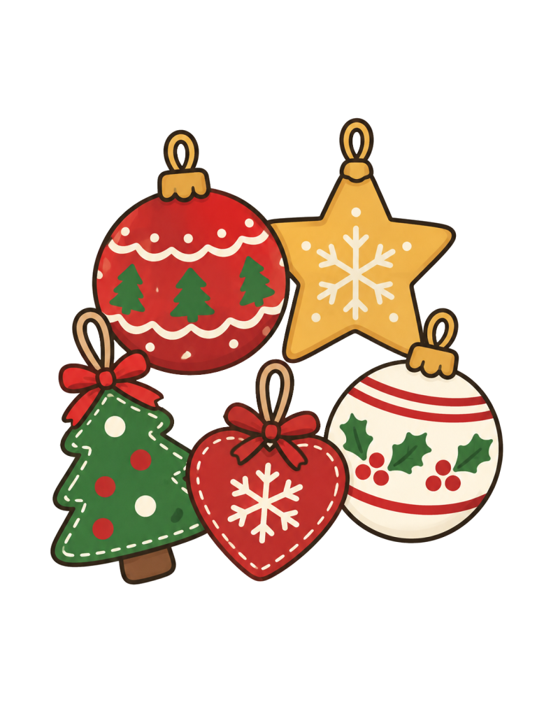 ボール、星、ツリーやハートの形をした、吊り輪付きのクリスマスオーナメントが並んでいる。