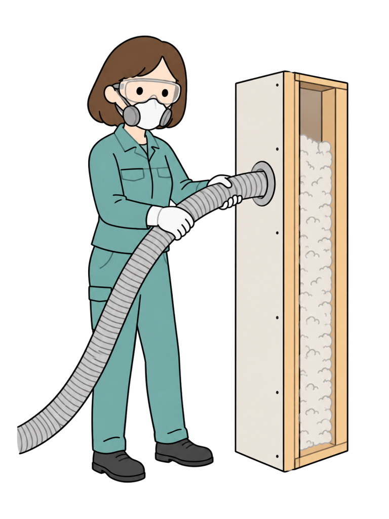 A worker wearing a respirator, goggles and gloves holds a hose inserted into a wall opening. A cutaway portion shows loose-fill insulation inside the wall.