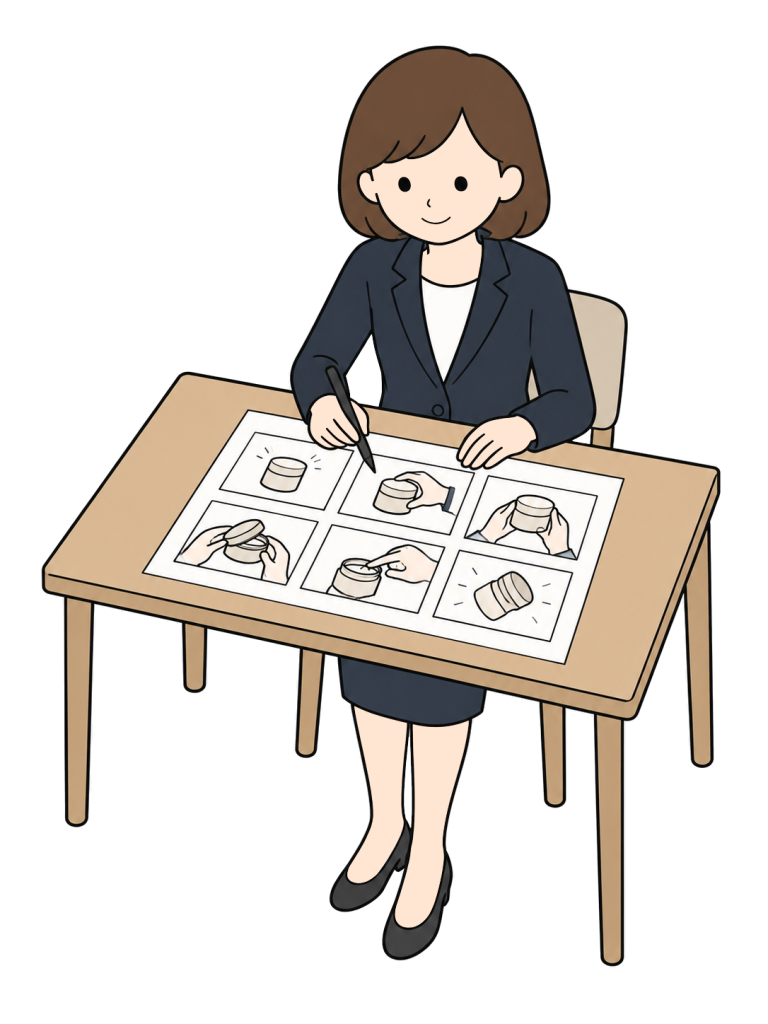 A woman sits at a desk with a pen over a six-panel storyboard showing the same container and different hand movements.