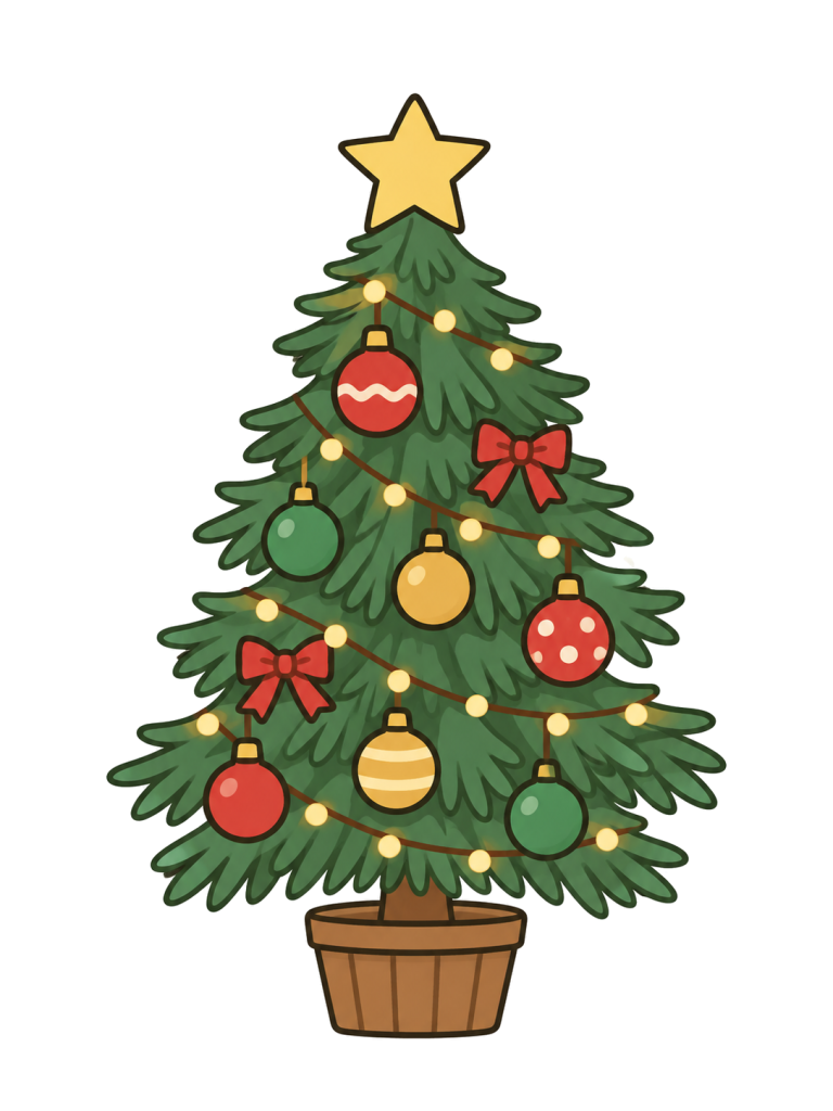 鉢に入ったクリスマスツリーに、星、赤いリボン、丸い飾りやライトが付いている。