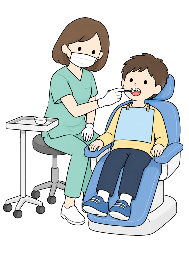 A female dental hygienist applies a small applicator to an upper front tooth of a boy sitting with his mouth open in a dental chair.