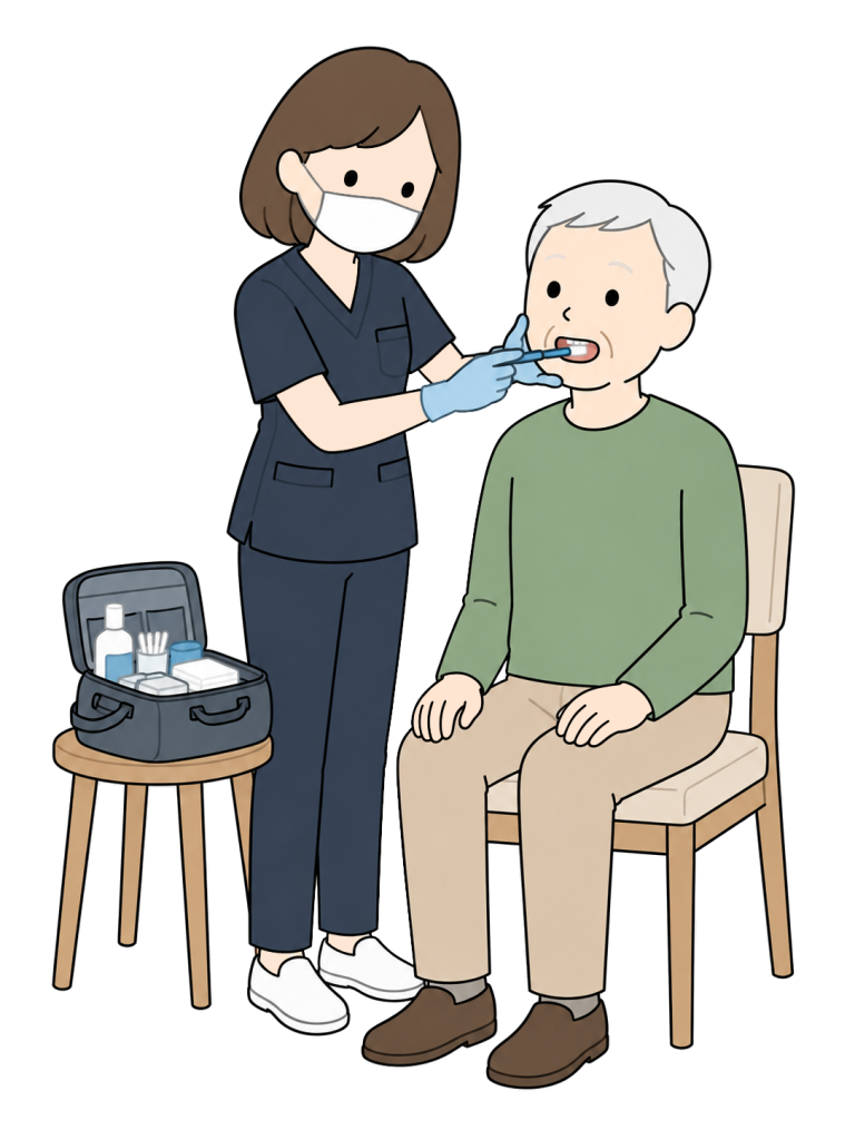 A female dental hygienist wearing gloves provides oral care with a brush to an older man seated on a chair at home. A bag of portable care supplies sits nearby.